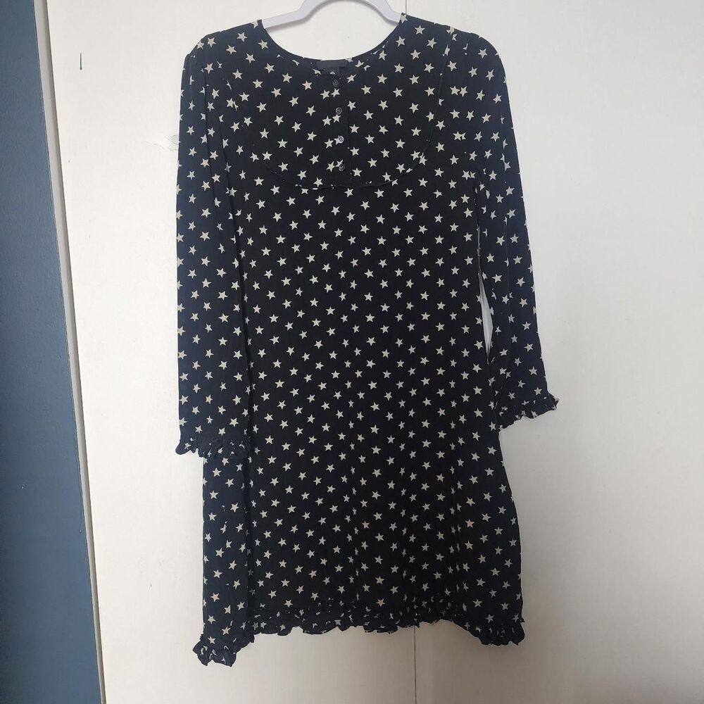 Jcrew Women's Black and White Star Print Silk shift long sleeve Dress 10 Twee